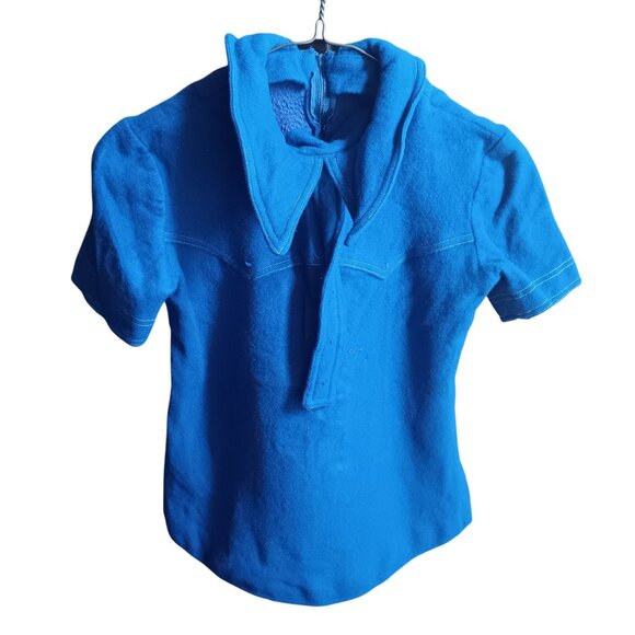 1OF1 XXS Vintage Blue Wool Short-Sleeve Blouse Matching Skirt Set 1970's Mod - Picture 1 of 9